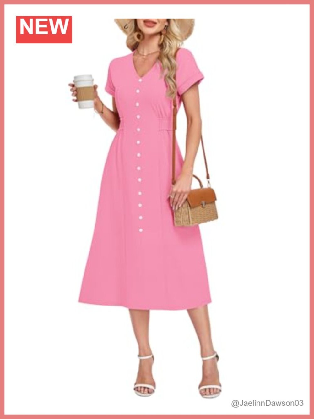 Waffle Knit V Neck Short Sleeve Midi Dress A-Line Side Pockets